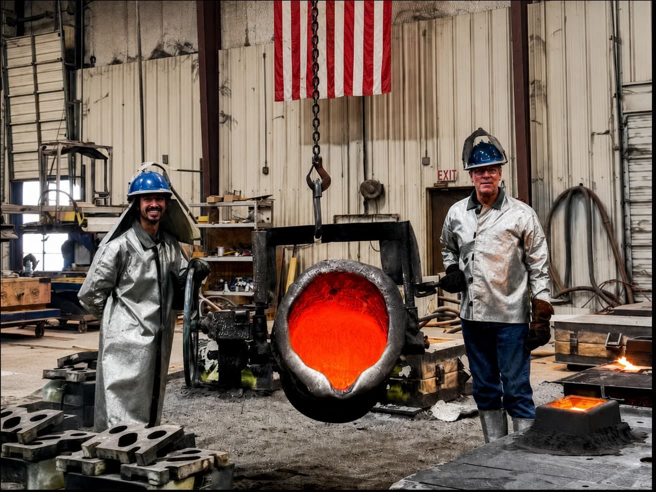 Joshua Hartman and Bret Hartman standing on the foundry floor near molten metal.
