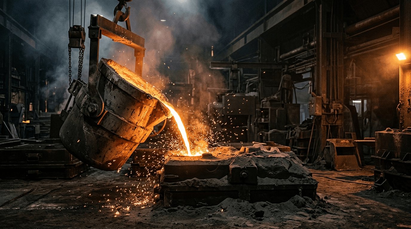 Molten iron poured into a sand mold